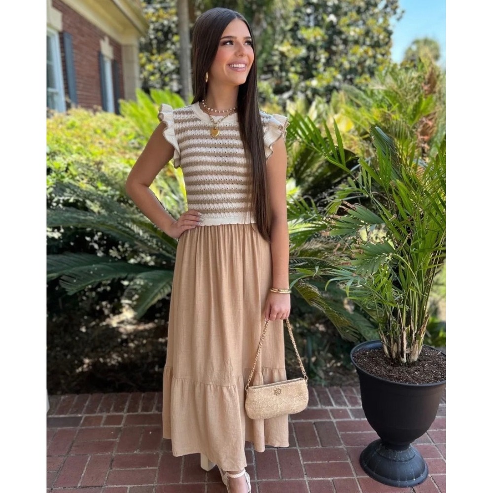 By The River Tan Cream Striped Crochet Ruffle Tiered Maxi Dress Size Small